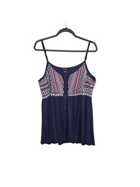 Torrid Womens 3  Blue Babydoll Tank Top Button Front Embroidered 2234
